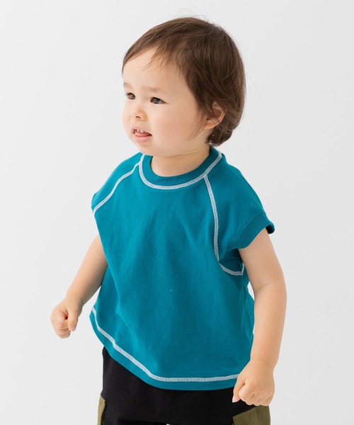 JAM & LINK(ジャムアンドリンク)の「配色ステッチ ワイドフレンチスリーブTシャツ(Tシャツ/カットソー・キッズ・ネイビー/ターコイズブルー/ブラック/ピンク/ホワイト/オートミール/パープル・90cm/100cm/160cm/150cm/140cm/130cm/120cm/110cm)」の5枚目の写真