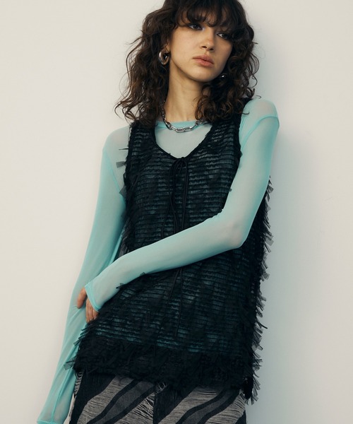 uyu.(ウユ)の「シアーメッシュ メローカットソー(Tシャツ/カットソー・レディース・ブラック/グリーン/ブルー/ピンク/ホワイト・FREE)」の4枚目の写真