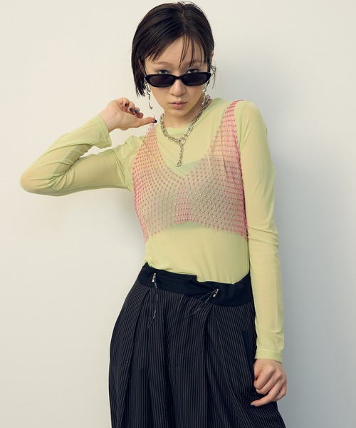 uyu.(ウユ)の「シアーメッシュ メローカットソー(Tシャツ/カットソー・レディース・ブラック/グリーン/ブルー/ピンク/ホワイト・FREE)」の3枚目の写真