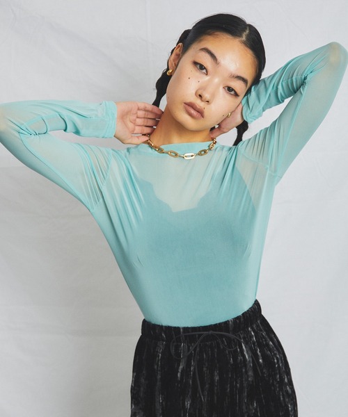 uyu.(ウユ)の「シアーメッシュ メローカットソー(Tシャツ/カットソー・レディース・ブラック/グリーン/ブルー/ピンク/ホワイト・FREE)」の19枚目の写真