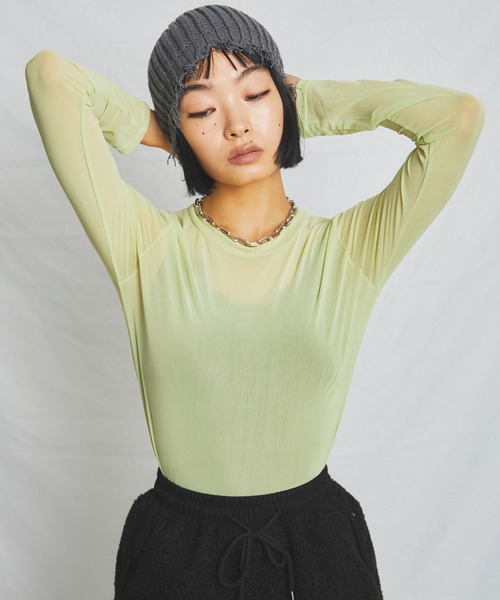 uyu.(ウユ)の「シアーメッシュ メローカットソー(Tシャツ/カットソー・レディース・グリーン/ピンク/ブルー/ブラック/ホワイト・FREE)」の16枚目の写真