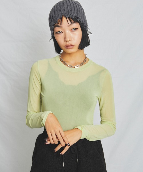 uyu.(ウユ)の「シアーメッシュ メローカットソー(Tシャツ/カットソー・レディース・グリーン/ピンク/ブルー/ブラック/ホワイト・FREE)」の17枚目の写真