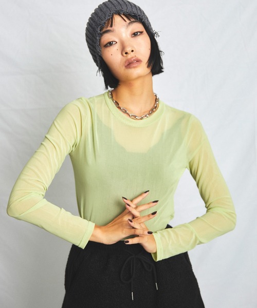 uyu.(ウユ)の「シアーメッシュ メローカットソー(Tシャツ/カットソー・レディース・グリーン/ピンク/ブルー/ブラック/ホワイト・FREE)」の18枚目の写真