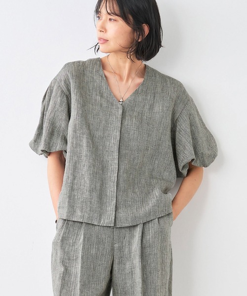 MICA&DEAL(マイカ&ディール)の「パフスリーブリネンブラウス(シャツ/ブラウス・レディース・マルチ/ホワイト×ブラック/ベージュ・FREE)」の2枚目の写真