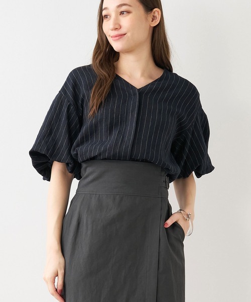 MICA&DEAL(マイカ&ディール)の「パフスリーブリネンブラウス(シャツ/ブラウス・レディース・マルチ/ホワイト×ブラック/ベージュ・FREE)」の1枚目の写真