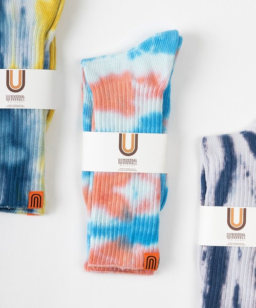 UNIVERSAL OVERALL（ユニバーサルオーバーオール）の「【94】【UNIVERSAL OVERALL/ユニバーサルオーバーオール】 むら染め タイダイ柄 ワンポイント リブクルーソックス（ソックス/靴下・メンズ・サックスブルー/レモンイエロー/パープル/ブラック/ミント/オレンジ/グレー/イエロー/ブラック系/ブルー系/イエロー系/オレンジ系/グレー系/ライトグリーン系/パープル系・FREE）」の8枚目の写真