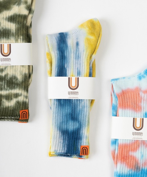 UNIVERSAL OVERALL（ユニバーサルオーバーオール）の「【94】【UNIVERSAL OVERALL/ユニバーサルオーバーオール】 むら染め タイダイ柄 ワンポイント リブクルーソックス（ソックス/靴下・メンズ・サックスブルー/レモンイエロー/パープル/ブラック/ミント/オレンジ/グレー/イエロー/ブラック系/ブルー系/イエロー系/オレンジ系/グレー系/ライトグリーン系/パープル系・FREE）」の13枚目の写真