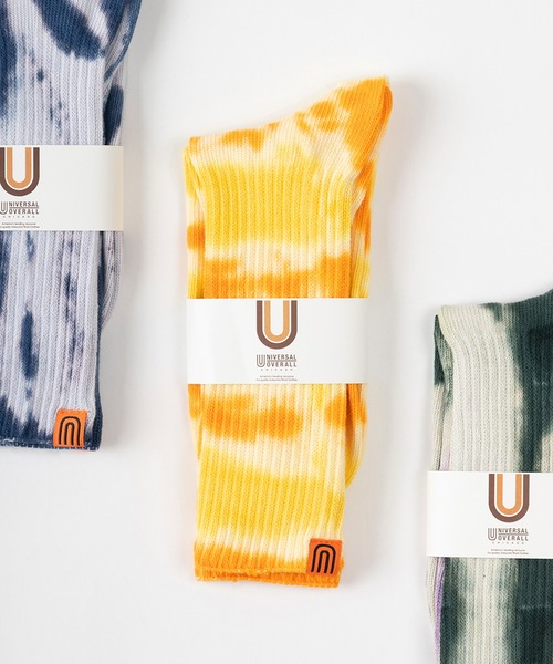 UNIVERSAL OVERALL（ユニバーサルオーバーオール）の「【94】【UNIVERSAL OVERALL/ユニバーサルオーバーオール】 むら染め タイダイ柄 ワンポイント リブクルーソックス（ソックス/靴下・メンズ・サックスブルー/レモンイエロー/パープル/ブラック/ミント/オレンジ/グレー/イエロー/ブラック系/ブルー系/イエロー系/オレンジ系/グレー系/ライトグリーン系/パープル系・FREE）」の12枚目の写真