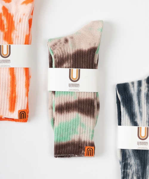 UNIVERSAL OVERALL（ユニバーサルオーバーオール）の「【94】【UNIVERSAL OVERALL/ユニバーサルオーバーオール】 むら染め タイダイ柄 ワンポイント リブクルーソックス（ソックス/靴下・メンズ・サックスブルー/レモンイエロー/パープル/ブラック/ミント/オレンジ/グレー/イエロー/ブラック系/ブルー系/イエロー系/オレンジ系/グレー系/ライトグリーン系/パープル系・FREE）」の5枚目の写真