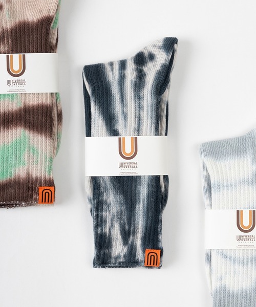 UNIVERSAL OVERALL（ユニバーサルオーバーオール）の「【94】【UNIVERSAL OVERALL/ユニバーサルオーバーオール】 むら染め タイダイ柄 ワンポイント リブクルーソックス（ソックス/靴下・メンズ・サックスブルー/レモンイエロー/パープル/ブラック/ミント/オレンジ/グレー/イエロー/ブラック系/ブルー系/イエロー系/オレンジ系/グレー系/ライトグリーン系/パープル系・FREE）」の2枚目の写真