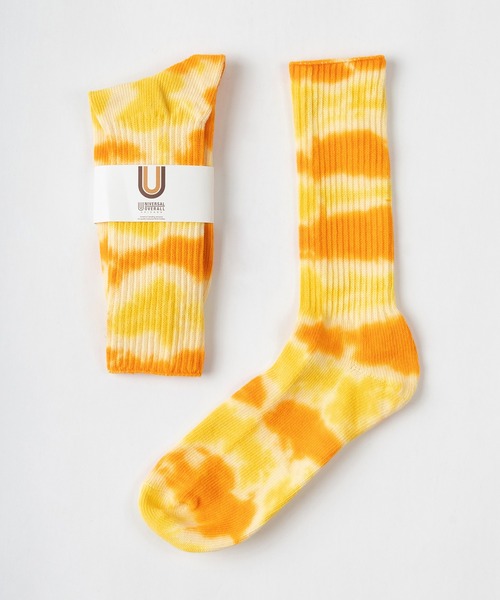UNIVERSAL OVERALL（ユニバーサルオーバーオール）の「【94】【UNIVERSAL OVERALL/ユニバーサルオーバーオール】 むら染め タイダイ柄 ワンポイント リブクルーソックス（ソックス/靴下・メンズ・サックスブルー/レモンイエロー/パープル/ブラック/ミント/オレンジ/グレー/イエロー/ブラック系/ブルー系/イエロー系/オレンジ系/グレー系/ライトグリーン系/パープル系・FREE）」の17枚目の写真