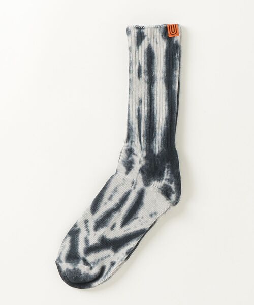 UNIVERSAL OVERALL（ユニバーサルオーバーオール）の「【94】【UNIVERSAL OVERALL/ユニバーサルオーバーオール】 むら染め タイダイ柄 ワンポイント リブクルーソックス（ソックス/靴下・メンズ・サックスブルー/レモンイエロー/パープル/ブラック/ミント/オレンジ/グレー/イエロー/ブラック系/ブルー系/イエロー系/オレンジ系/グレー系/ライトグリーン系/パープル系・FREE）」の18枚目の写真