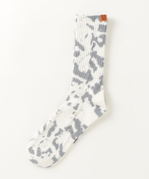 UNIVERSAL OVERALL（ユニバーサルオーバーオール）の「【94】【UNIVERSAL OVERALL/ユニバーサルオーバーオール】 むら染め タイダイ柄 ワンポイント リブクルーソックス（ソックス/靴下・メンズ・サックスブルー/レモンイエロー/パープル/ブラック/ミント/オレンジ/グレー/イエロー/ブラック系/ブルー系/イエロー系/オレンジ系/グレー系/ライトグリーン系/パープル系・FREE）」の19枚目の写真