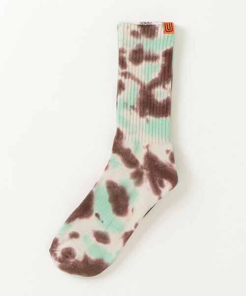 UNIVERSAL OVERALL（ユニバーサルオーバーオール）の「【94】【UNIVERSAL OVERALL/ユニバーサルオーバーオール】 むら染め タイダイ柄 ワンポイント リブクルーソックス（ソックス/靴下・メンズ・サックスブルー/レモンイエロー/パープル/ブラック/ミント/オレンジ/グレー/イエロー/ブラック系/ブルー系/イエロー系/オレンジ系/グレー系/ライトグリーン系/パープル系・FREE）」の20枚目の写真