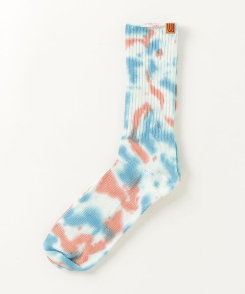UNIVERSAL OVERALL（ユニバーサルオーバーオール）の「【94】【UNIVERSAL OVERALL/ユニバーサルオーバーオール】 むら染め タイダイ柄 ワンポイント リブクルーソックス（ソックス/靴下・メンズ・サックスブルー/レモンイエロー/パープル/ブラック/ミント/オレンジ/グレー/イエロー/ブラック系/ブルー系/イエロー系/オレンジ系/グレー系/ライトグリーン系/パープル系・FREE）」の21枚目の写真
