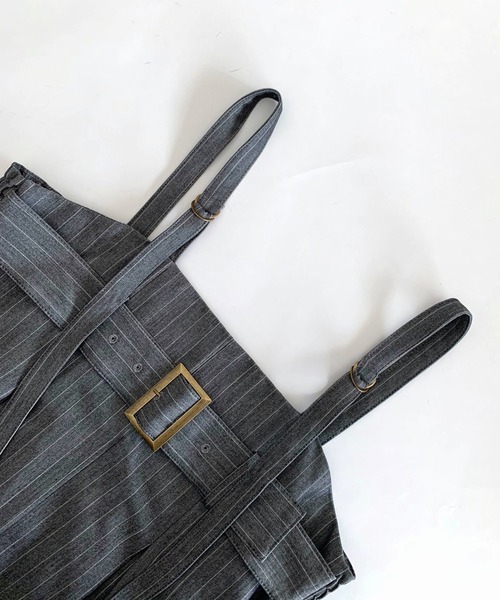 Q（キュー）の「ストライプワイドベアサロペット（サロペット/オーバーオール・レディース・ブラック/グレー・MEDIUM）」の7枚目の写真