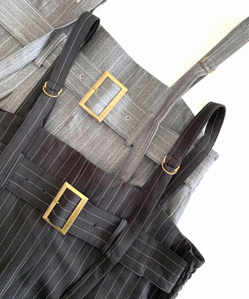 Q（キュー）の「ストライプワイドベアサロペット（サロペット/オーバーオール・レディース・ブラック/グレー・MEDIUM）」の6枚目の写真