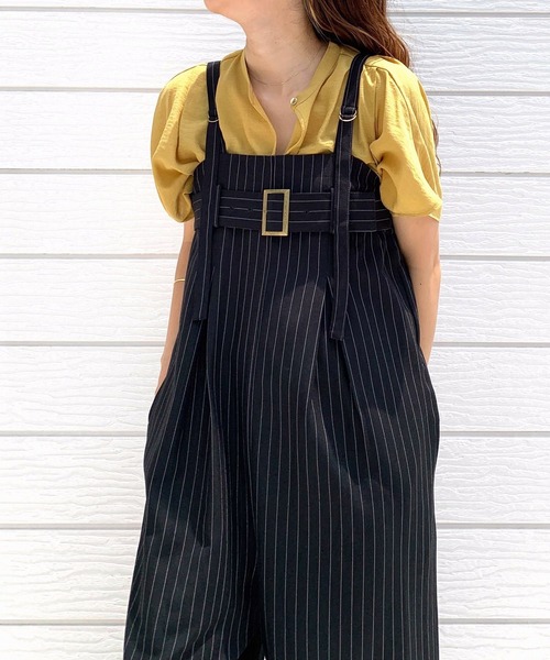 Q（キュー）の「ストライプワイドベアサロペット（サロペット/オーバーオール・レディース・ブラック/グレー・MEDIUM）」の10枚目の写真