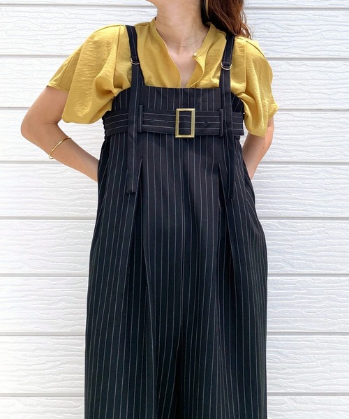 Q（キュー）の「ストライプワイドベアサロペット（サロペット/オーバーオール・レディース・ブラック/グレー・MEDIUM）」の11枚目の写真