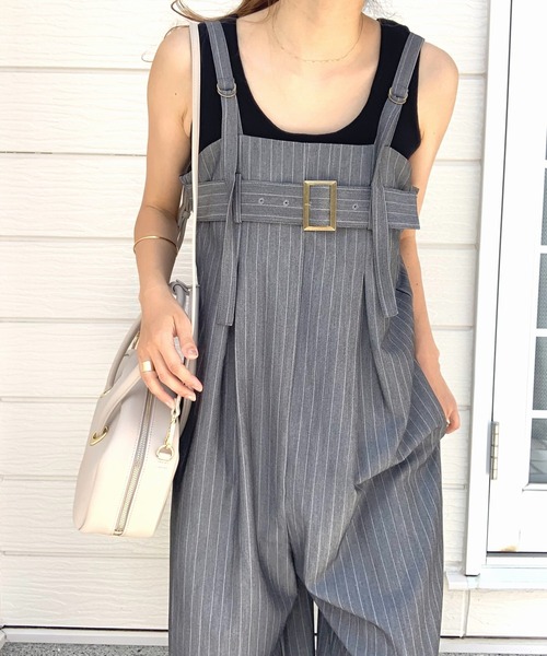 Q（キュー）の「ストライプワイドベアサロペット（サロペット/オーバーオール・レディース・ブラック/グレー・MEDIUM）」の14枚目の写真
