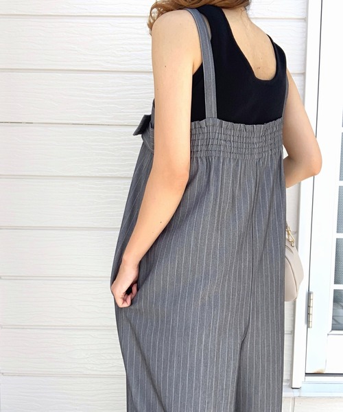 Q（キュー）の「ストライプワイドベアサロペット（サロペット/オーバーオール・レディース・ブラック/グレー・MEDIUM）」の17枚目の写真