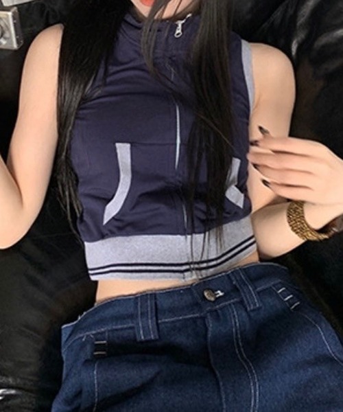 セール】ノースリーブジャージトップス/ノースリーブジップアップ