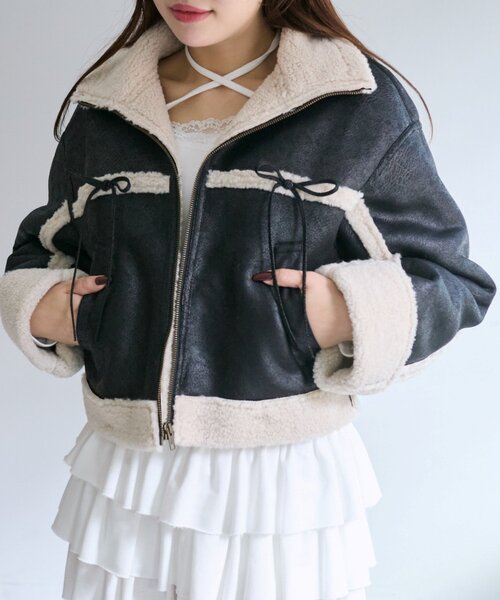 OLIVE des OLIVE(オリーブデオリーブ)の「フェイクムートンダブルリボンブルゾン(ブルゾン・レディース・モカ/アイボリー/ブラック系その他・FREE)」の4枚目の写真