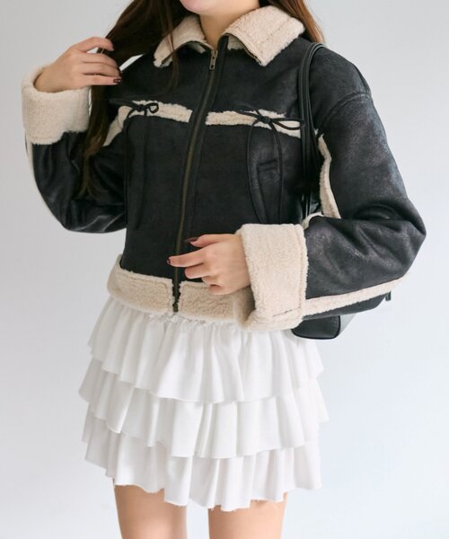 OLIVE des OLIVE(オリーブデオリーブ)の「フェイクムートンダブルリボンブルゾン(ブルゾン・レディース・モカ/アイボリー/ブラック系その他・FREE)」の6枚目の写真