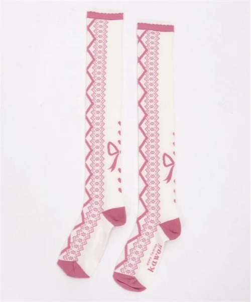 axes femme kawaii（アクシーズファムカワイイ）の「レースアップ柄オーバーニー（ソックス/靴下・レディース・ピンク/サックスブルー/ブラウン/レッド/ネイビー/ブラック・FREE）」の5枚目の写真