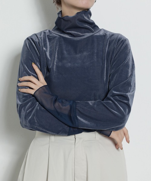 en CAnAF（エンカナフ）の「ハイネック ベロア シアー インナー トップス（Tシャツ/カットソー・レディース・ブラック/ブルー/モカ/ベージュ・フリー）」の14枚目の写真