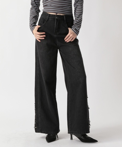 FOREVER 21(フォーエバー トゥエンティーワン)の「【2025SS】オーバーダイサイドダメージデニムパンツ(デニムパンツ・レディース・ブルー/ブラック・SMALL/LARGE/MEDIUM)」の2枚目の写真