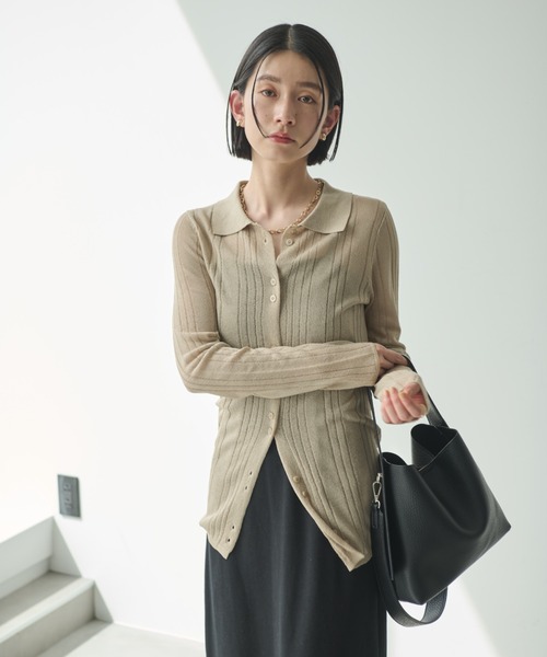 Shelly island（シェリーアイランド）の「シアーラメリブニットカーディガン（カーディガン/ボレロ・レディース・ベージュ/グレー/ブラック・FREE）」の4枚目の写真