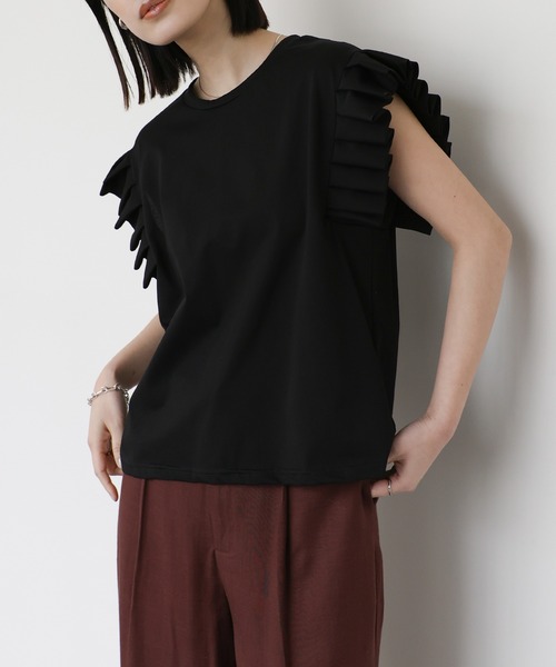 select MOCA Et(セレクトモカエト)の「【Et】プリーツスリーブTシャツ(Tシャツ/カットソー・レディース・ホワイト/ブラック/グレー・FREE)」の1枚目の写真