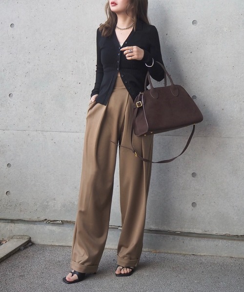 LOHEN ランダムタックハイウエストパンツ　36 ハイウエストタックワイドパンツ Lara カーキ | Cygne