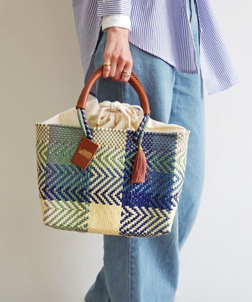 WOVEN(ウーヴン)の「WOVEN (ウーヴン) /スモールドローストリングトート メキシコ製 バスケットバッグ メルカドバッグ かごバッグ レザーハンドル 巾着コットンライニング(かごバッグ・レディース・ブラック×ホワイト/ブラウン/ブルー系その他/ブラック系その他/ダークグリーン/ブラウン系その他・FREE)」の6枚目の写真