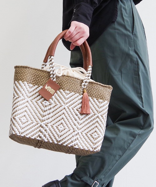 WOVEN(ウーヴン)の「WOVEN (ウーヴン) /スモールドローストリングトート メキシコ製 バスケットバッグ メルカドバッグ かごバッグ レザーハンドル 巾着コットンライニング(かごバッグ・レディース・ブラック×ホワイト/ブラウン/ブルー系その他/ブラック系その他/ダークグリーン/ブラウン系その他・FREE)」の10枚目の写真