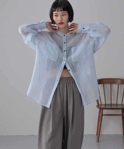 LOWRYS FARM（ローリーズファーム）の「バンドシアーシャツＬＳ　289340（シャツ/ブラウス・レディース・ピンク/アイボリー/ブラック/ブルー・FREE）」の6枚目の写真