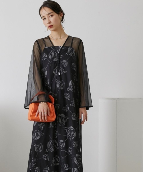 Callarus(カラルス)の「チュール使いフラワープリントワンピースドレス〔Callarus〕(ドレス・レディース・ブラウン/ブラック/グレー・S/LL/M/L/3L)」の22枚目の写真