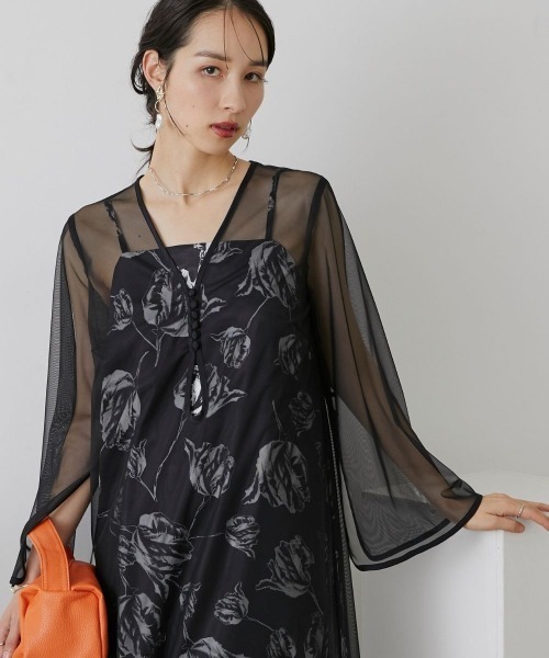 Callarus(カラルス)の「チュール使いフラワープリントワンピースドレス〔Callarus〕(ドレス・レディース・ブラウン/ブラック/グレー・S/LL/M/L/3L)」の19枚目の写真