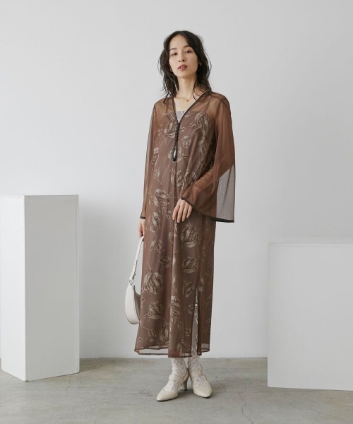 Callarus(カラルス)の「チュール使いフラワープリントワンピースドレス〔Callarus〕(ドレス・レディース・ブラウン/ブラック/グレー・S/LL/M/L/3L)」の20枚目の写真