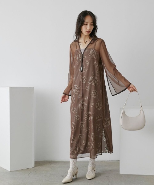 Callarus(カラルス)の「チュール使いフラワープリントワンピースドレス〔Callarus〕(ドレス・レディース・ブラウン/ブラック/グレー・S/LL/M/L/3L)」の22枚目の写真