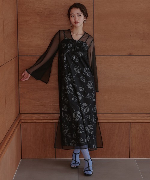 Callarus(カラルス)の「チュール使いフラワープリントワンピースドレス〔Callarus〕(ドレス・レディース・ブラウン/ブラック/グレー・S/LL/M/L/3L)」の13枚目の写真