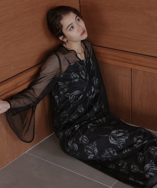 Callarus(カラルス)の「チュール使いフラワープリントワンピースドレス〔Callarus〕(ドレス・レディース・ブラウン/ブラック/グレー・S/LL/M/L/3L)」の5枚目の写真