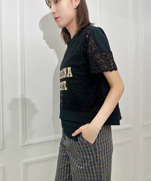 tシャツ カバーデザインレース切替プリントTEE レディース AVIE tシャツ カバーデザインレース切替プリントTEE レディース