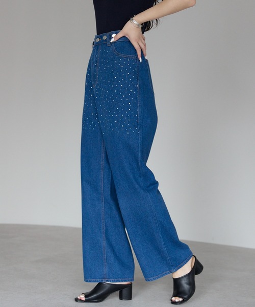 PREFERIR(プレフェリール)の「ラインストーン付き ハイウエスト ワイドデニムパンツ(M,L)2サイズ(デニムパンツ・レディース・ネイビー/ブルー・MEDIUM/LARGE)」の12枚目の写真