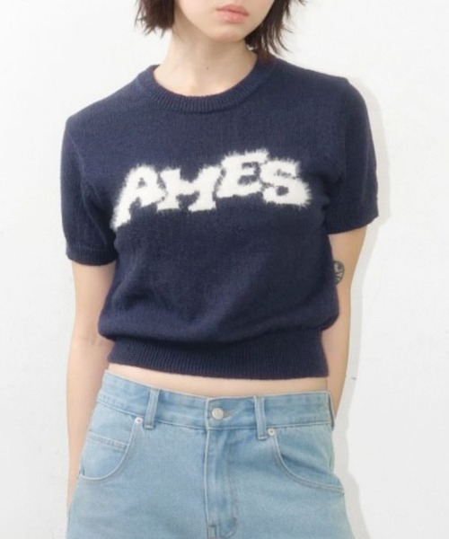 AMESWORLDWIDE（アメスワールドワイド）の「AMES WORLDWIDE ／HAIRYロゴ半袖ニット（ニット/セーター・レディース・ネイビー/レッド/アイボリー・FREE）」の3枚目の写真
