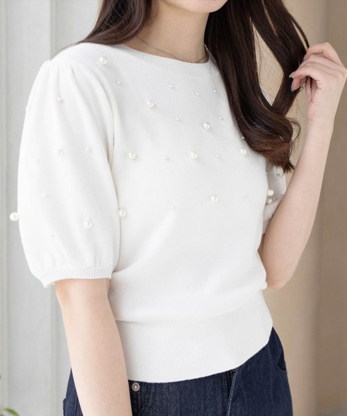 CLEAR BASIC（クリアベーシック）の「パール付き半袖ニットトップス[ベーシック フェミニン パフスリーブ 骨格ウェーブ]≪SS新作≫（ニット/セーター・レディース・ピンク/ブラック/グレイッシュベージュ/オフホワイト・F）」の2枚目の写真