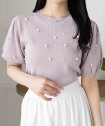 CLEAR BASIC | パール付き半袖ニットトップス[ベーシック フェミニン パフスリーブ 骨格ウェーブ]≪SS新作≫(ニット/セーター)