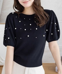 CLEAR BASIC | パール付き半袖ニットトップス[ベーシック フェミニン パフスリーブ 骨格ウェーブ]≪SS新作≫(ニット/セーター)