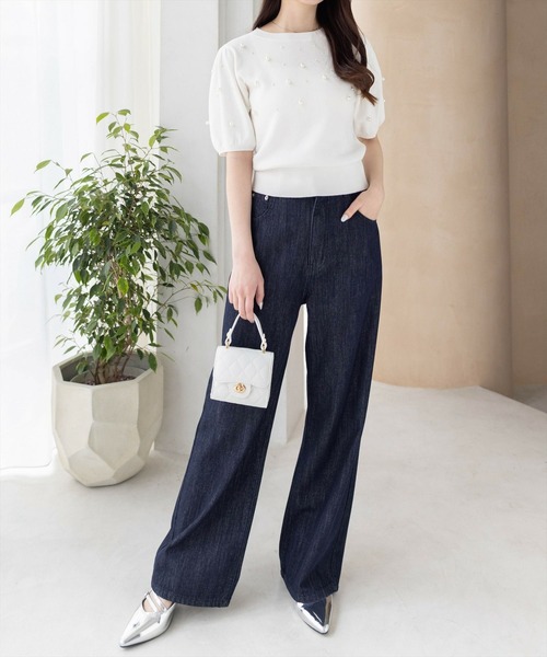 CLEAR BASIC（クリアベーシック）の「パール付き半袖ニットトップス[ベーシック フェミニン パフスリーブ 骨格ウェーブ]≪SS新作≫（ニット/セーター・レディース・ピンク/ブラック/グレイッシュベージュ/オフホワイト・F）」の7枚目の写真